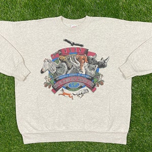 Vintage Zoological Society of San Diego Crewneck Sweater Hanes Made USA Size Xtra Large XL All Over Print Rare Classic Safari Jungle 1990s