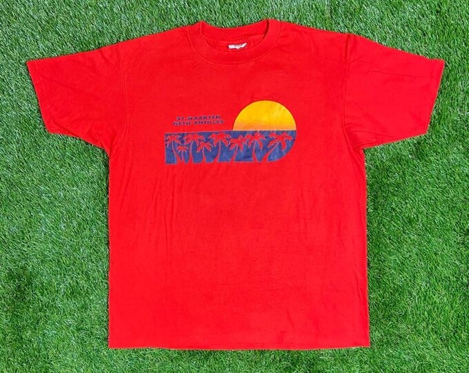 Vintage St Maarten Neth Antilles T Shirt Tee Hanes Made USA Size Xtra Large Beautiful Island Beach XL Kingdom of the Netherlands 70s 1970s