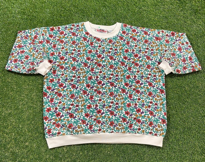 Vintage Floral Crewneck Sweatshirt Size Xtra Large XL Flowers Morning Sun Bees Caterpillars Butterflies Nature Plants Pull Over Oversized