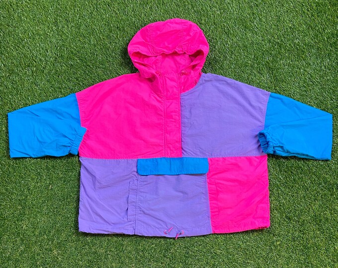 Vintage Graphic Windbreaker Zip Up Jacket Size Large L Multicolor Streetwear Sport Active Wear Classic Light Rain Coat 1990s Lands End