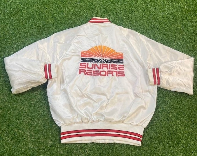 Vintage Sunrise Resort Varsity Bomber Jacket Dunbrooke Made USA Size Large L St Petersburgh Tampa Bay Florida 1980s 80s