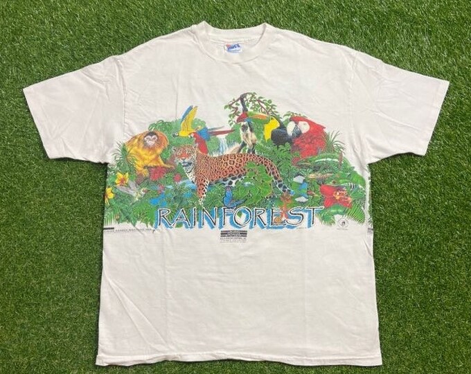 Vintage Rainforest T Shirt Tee Hanes Made USA Size Xtra Large XL Environment Habitat Planet Earth Animals 1990s 90s
