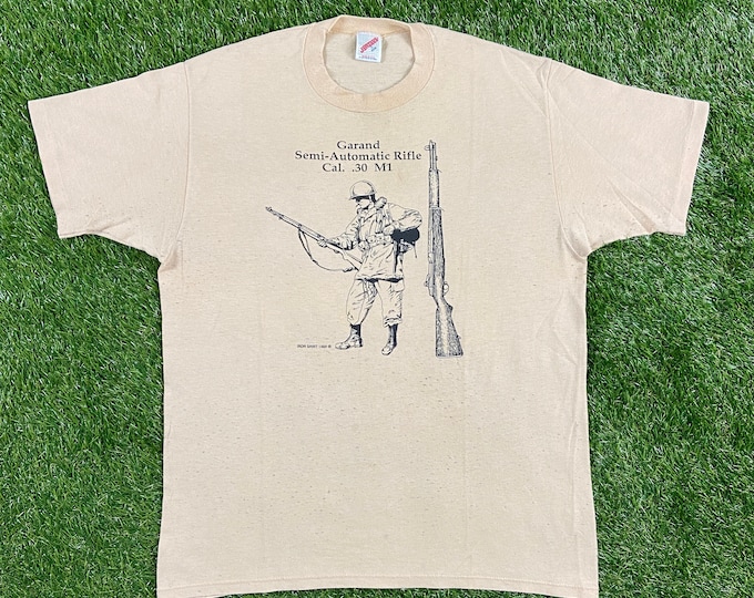 Vintage Garland Semi Automatic Rifle Cal .30 M1 T Shirt Tee Iron Shirt 1989 Jerzees Made USA Size Large L 1980s 80s Firearm World War Gun