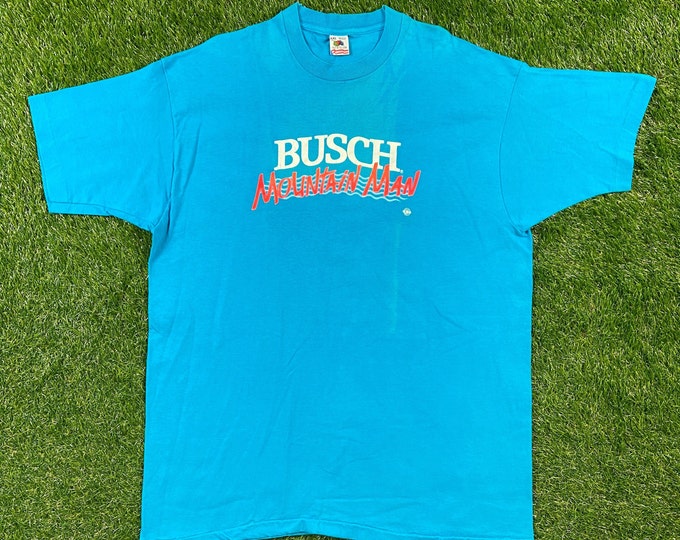 Vintage Busch Mountain Man T Shirt Fruit of the Loom Made USA Size 2XL XXL Drink Alcohol Party Night Life Classic Beer