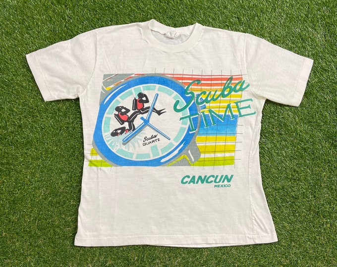 Vintage Cancun Mexico T Shirt Tee Size Medium Scuba Quartz Scuba Diving Planet Ocean Vacation Beach Caribbean Tourist Travel 1990s 90s