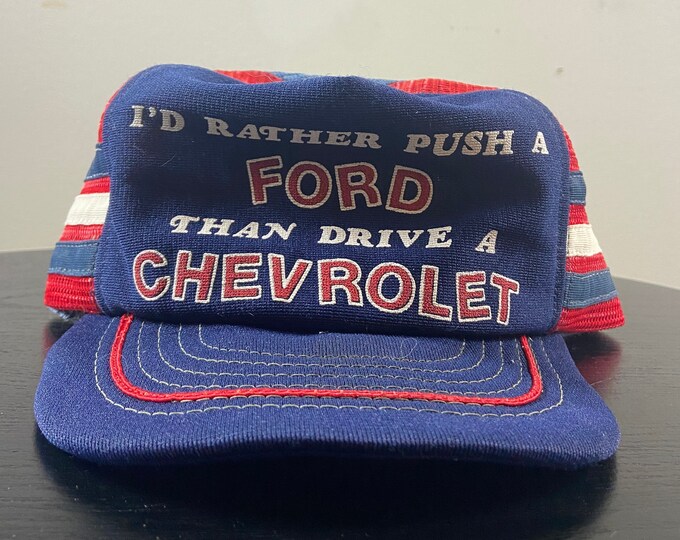 Vintage I Rather Push a Ford than Drive a Chevrolet Snapback Hat Cap OSFA Classic Car Speedway NASCAR Daytona 500 1980s 80s Three Stripes
