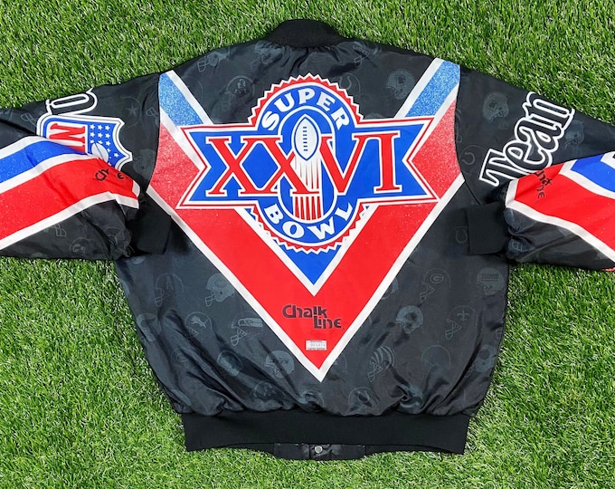 Vintage NFL Super Bowl XXVI 1992 Bomber Jacket Chalk Line Made USA Size Large Football Minneapolis, Minnesota Metrodome 1990s Rare Limited