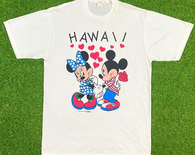 Vintage Disney Mickey Mouse & Minnie Hawaii Tee T Shirt 1990s Walt Disney World Large Made USA Classic 90s Magic New With Tags NWT 80s Love