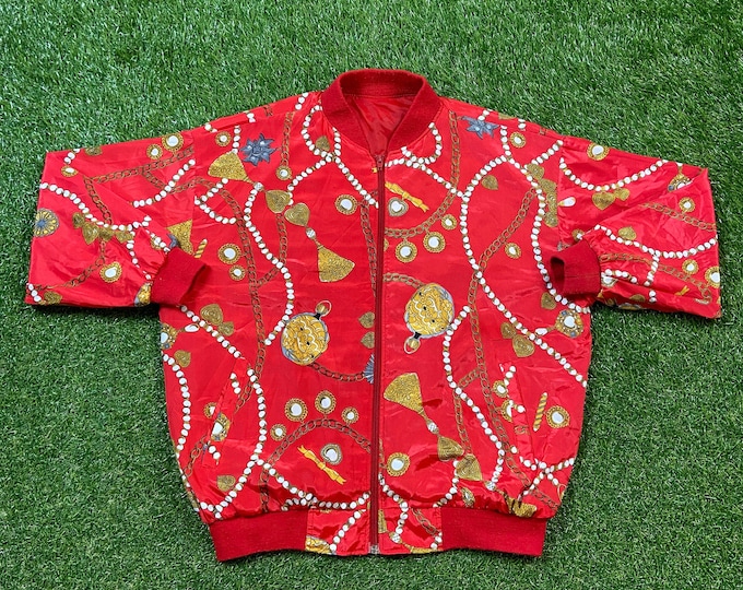Vintage Red Artsy Bomber Jacket Size Large L Classic Coat Art 1990s 90s Colorful Crazy Fun