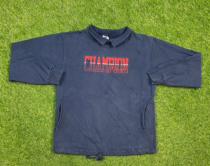 Vintage Plain Blue Champion Polo Collar Sweatshirt Size Large L Quality 1990's Oversized Great Fit Made USA Original 90s Pull Over