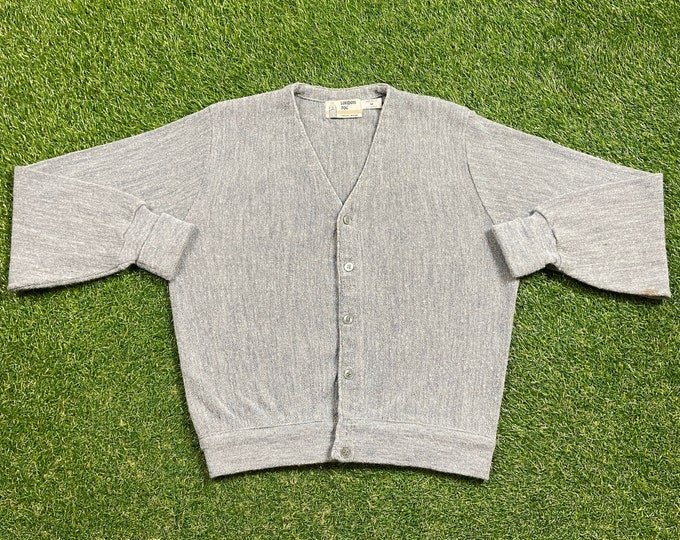 Vintage Gray Cardigan Sweater London Fog Made USA Size Medium M 1980s 80s Designer Streetwear Comfy Button Down