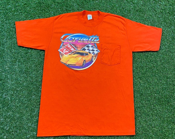 Vintage Corvette T Shirt Tee Jerzees Made USA Size Large L Vintage Classic Car Speedway NASCAR Motorsports 1980s 80s