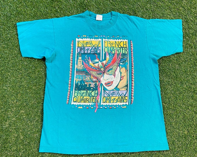 Vintage New Orleans French Quarter T Shirt Tee Fruit of the Loom Made USA Size Large Music Big Easy Creole Louisiana Louis Armstrong France