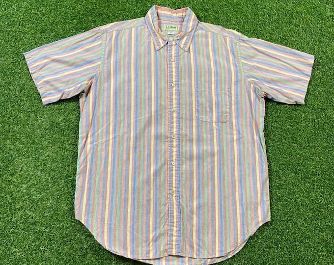 Vintage LL Bean Multicolor Striped Button Down Shirt Made USA Size Large L Rare American Outdoor Wear Work 1990s 90s Pastel Colors Easter