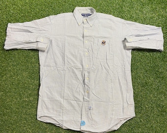 Camisa vintage Polo Ralph Lauren com botões, tamanho médio (M), de alta qualidade, da American Apparel, com estampa de urso e cavalo, década de 1990.