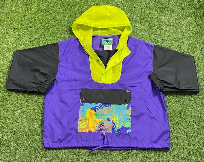 Vintage Graphic Windbreaker Zip Up Jacket Ispo Size Large L Multicolor Streetwear Sport Active Wear Classic Light Rain Coat 1990s