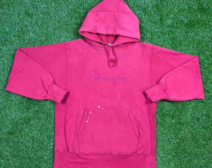 Vintage Pink Red Champion Reverse Weave Hoodie Sweatshirt Size Large L Quality 1990's Oversized Fit Made USA Original 90s Pull Over
