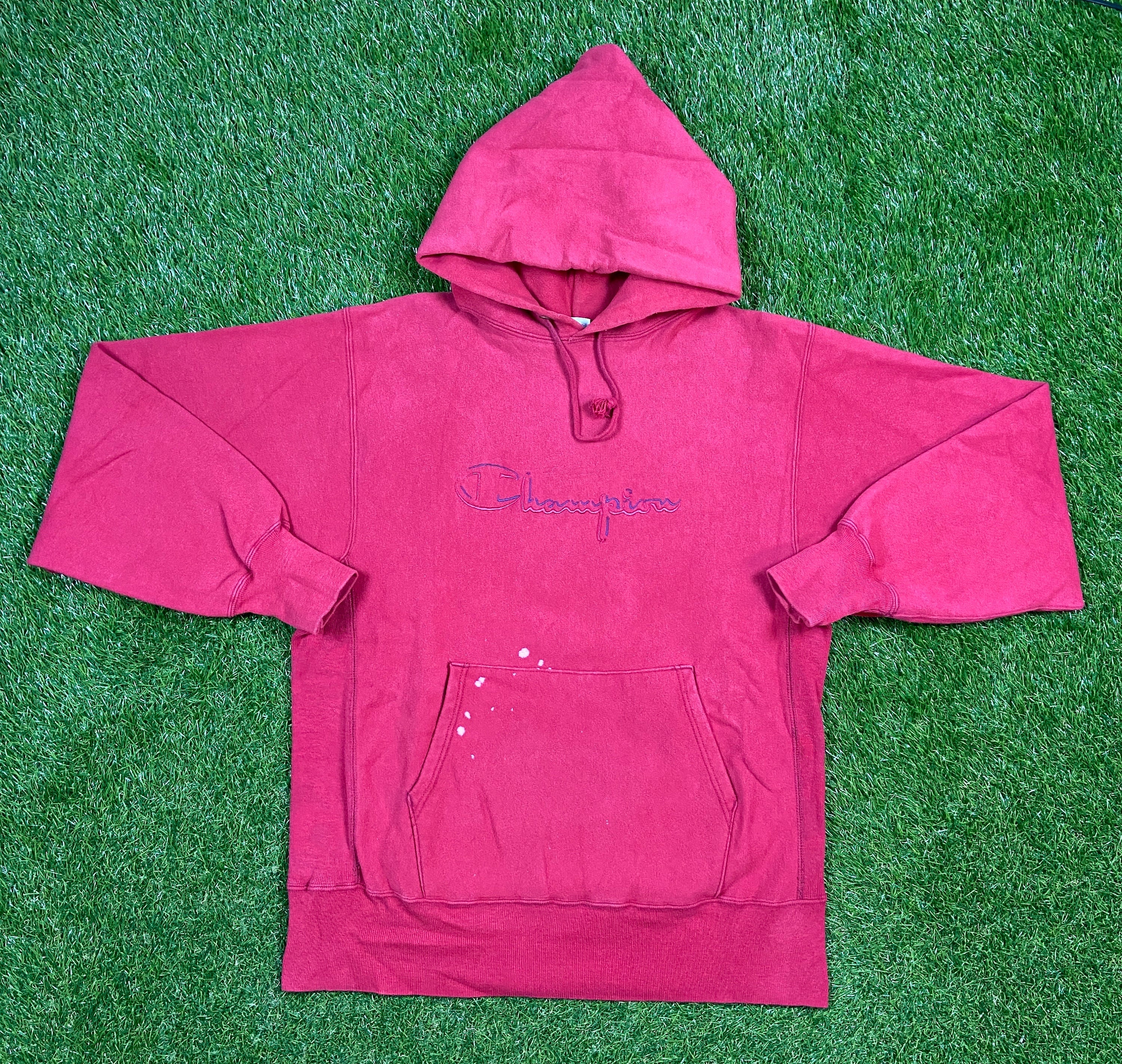 Vintage Pink Red Champion Reverse Weave Hoodie Sweatshirt Size