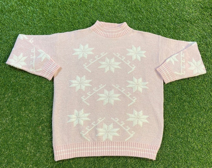 Vintage Pink Knit Crewneck Sweater Kate Collins Made USA Size Small S Quality Warm Winter Fashion Pull Over 1980s 80s