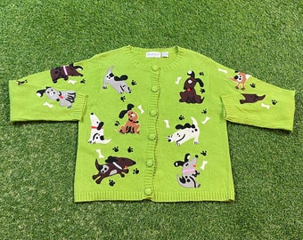 Vintage Belle Pointe Grin Dog Portrait Cardigan Sweater Size Large L Embroidered Button Down Doggy Puppy Warm 1980s 80s