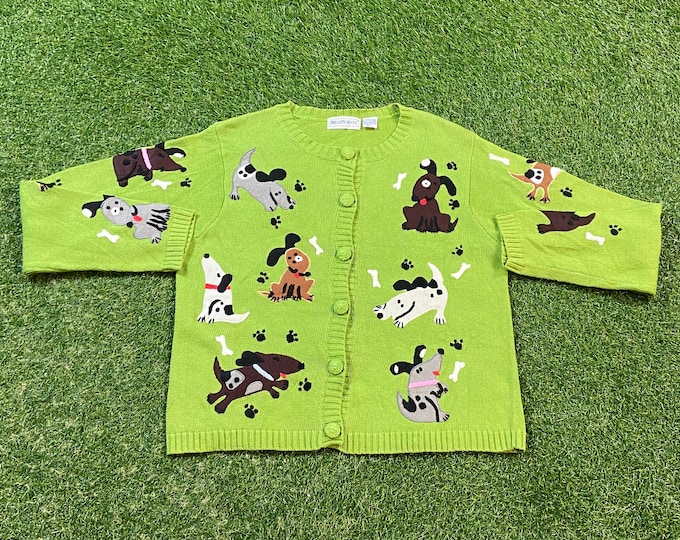 Vintage Belle Pointe Grin Dog Portrait Cardigan Sweater Size Large L Embroidered Button Down Doggy Puppy Warm 1980s 80s