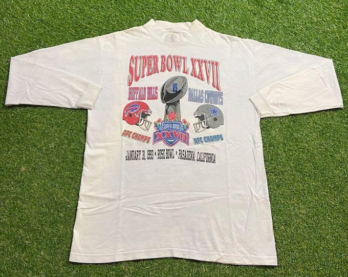 Vintage Dallas Cowboys vs Buffalo Bills 1993 Super Bowl XXVll Rose Bowl Long Sleeve Shirt Made USA Size Large L NFL Football 1990s 90s