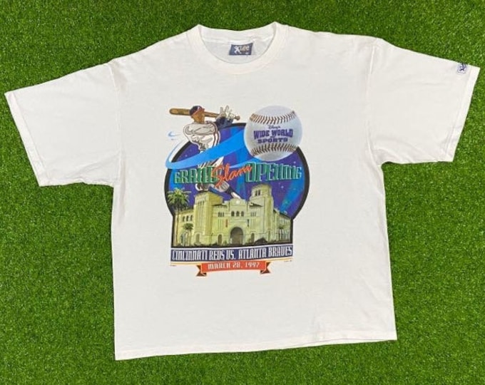 Vintage Atlanta Braves vs Cincinnati Reds 1992 Grand Opening T Shirt Tee Lee Sport Made USA Size XXL 2XL MLB Baseball Georgia Ohio 1990s 90s