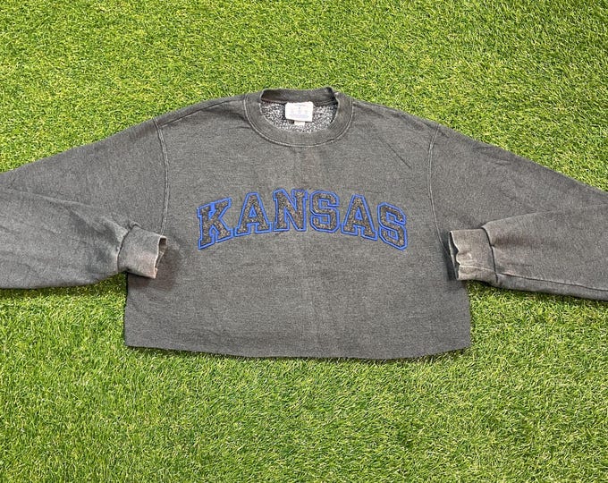 Vintage University of Kansas Crop Top Crewneck Sweatshirt Champion Size Small S NCAA College Basketball Classic Jayhawks 1990s 90s