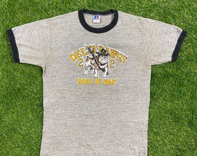 Vintage Delta Dawgs 22 Dogs of War T Shirt Russell Athletic Made USA Size Medium Ringer Marines Army United States Military Veteran