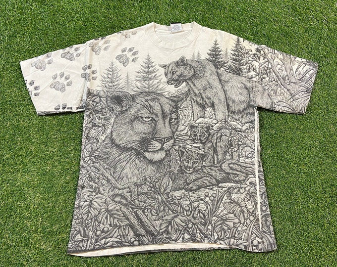 Vintage Mountain Lions T Shirt Tee Signal Sports Made USA Size Xtra Large XL Big Cats Animal Planet Habitat Rare 1990s 90s All Over Print