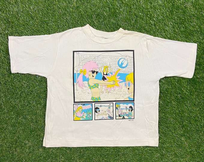 Vintage Beach Crop Top T Shirt Tee PDQ Made USA Size Youth Large Volleyball Grill Picnic Tropical Frisby 1990s 90s All Over