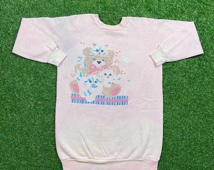 Vintage Cats With Teddy Bear Crewneck Sweatshirt Made USA Size Large L Pull Over Oversized
