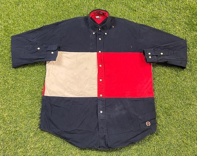 Vintage Tommy Hilfiger Button Down Shirt Size Medium M Multi Colored Quality TH Comfortable Fit 1990s 90s Distressed Damaged As is