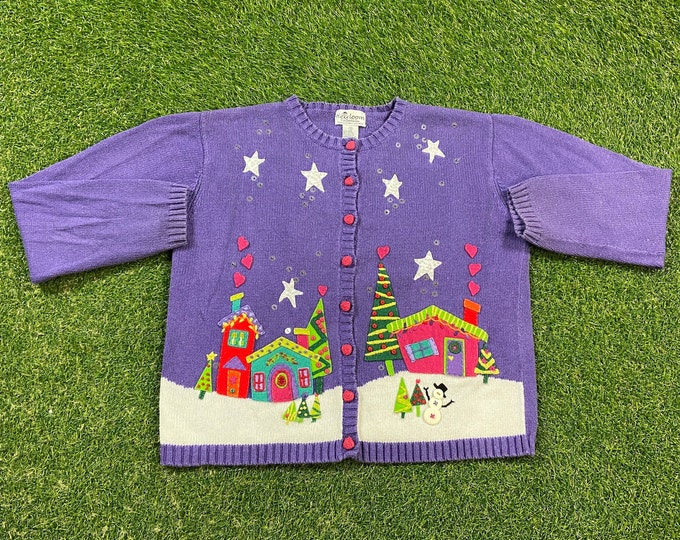 Ugly Christmas Cardigan Sweater Vintage Tacky Holiday Party Merry Santa Classic Size Youth Large Xmas 90s 80s Snowmen Classic Hand Knit