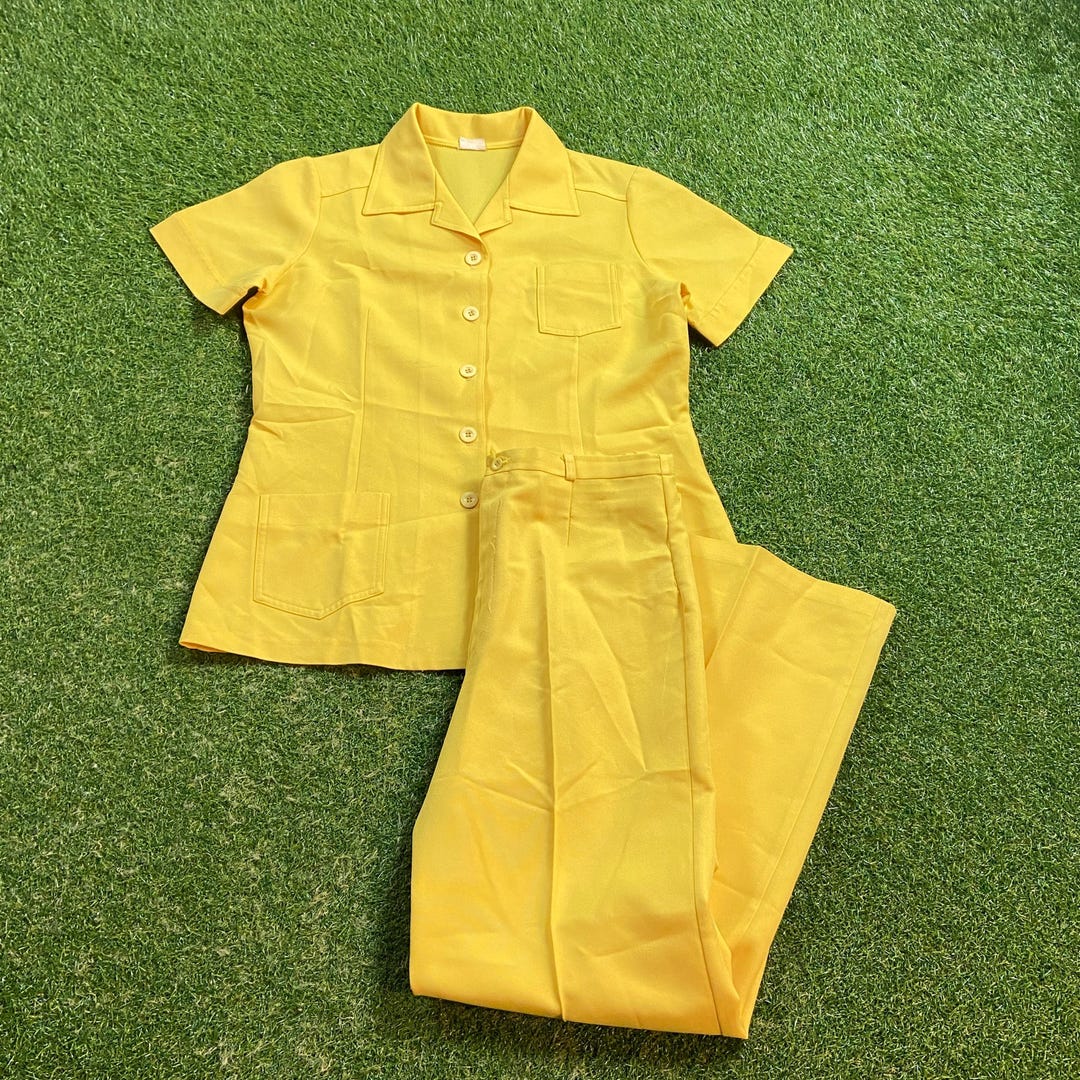 Yellow Matching Set Vintage Yellow 2 Piece Matching Set Size Medium M Button Down Pants ...