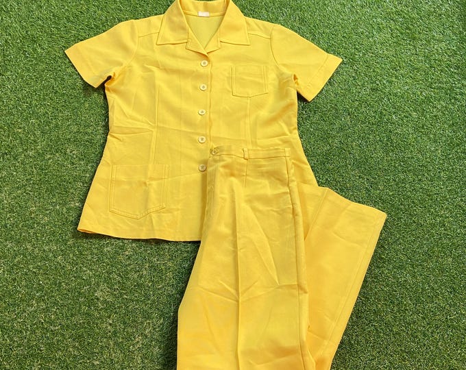 Vintage Yellow 2 Piece Matching Set Size Medium M Button Down Pants Quality Fit Classic Fashion 1990s 90s