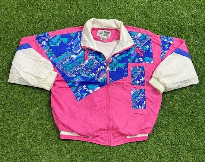 Vintage Graphic Windbreaker Zip Up Jacket Casual Isle Size Small S Multicolor Streetwear Sport Active Wear Classic Light Rain Coat 1990s