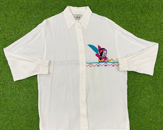 Vintage Native American Oui Button Down Shirt Size S 80s Dress Shirt Silk Soft Quality Embroidered Small Amazing Quality