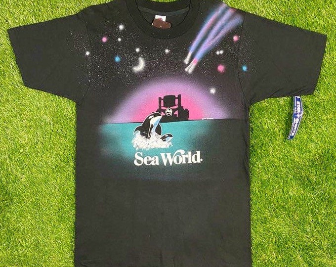 Vintage Sea World Star Shirts T Shirt Unique Handmade Large Made USA Neon 90s Galaxy Moon Rare Deadstock Retro 80s Florida Theme Park