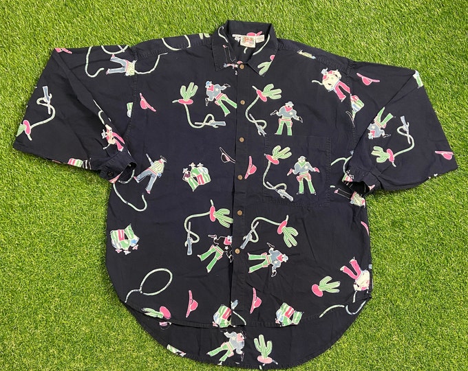 Vintage Multicolor Long Sleeve Button Down Shirt Size Large L Cowboys Cactus Western Classic Festival Party Rare Shirt 1990s 90s