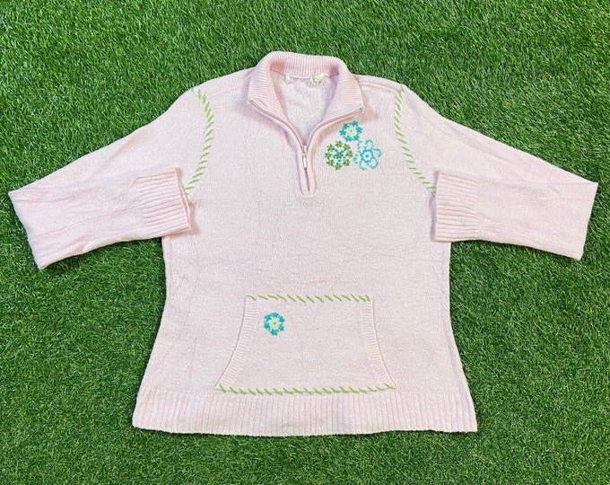 Vintage Pink Flower Sweater Size Small S Bees Caterpillars Butterflies Flowers Pull Over Nature Plants 1990s 90s