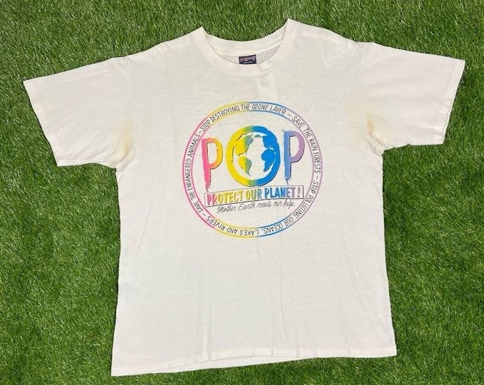 Vintage Protect Our Planet! T Shirt Tee Jansport Made in USA Size Large Earth Day Green Save the Planet L Pollution Rainforest 1990s 90s