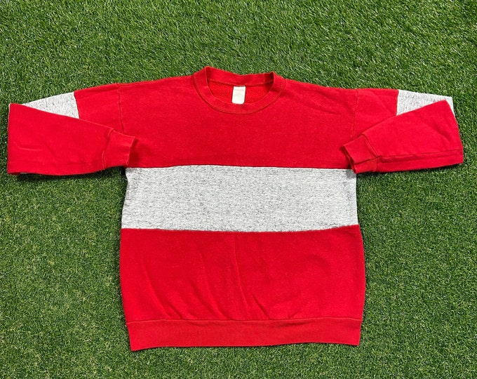 Vintage Plain Red With Gray Stripe Crewneck Sweatshirt Size Small S Quality 1990's Oversized Comfy Great Fit Original 90s Pull Over