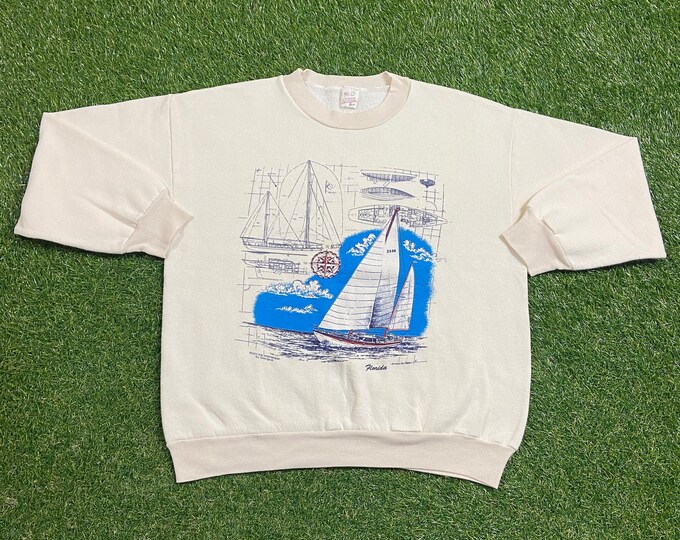Vintage Florida Crewneck Sweatshirt Made USA Size Large L Palm Trees Tropical Ocean Orlando Miami FL 1990s 90s Pull Over Oversized
