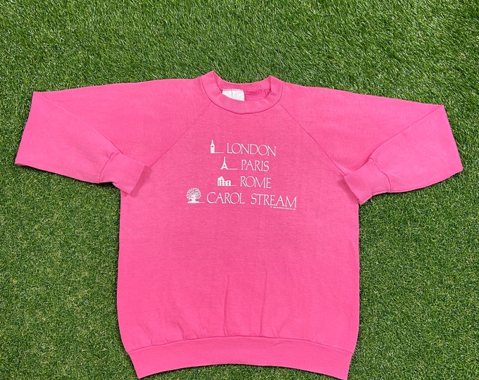 Vintage Carol Stream London Paris Rome Crewneck Sweatshirt Health Knit Made USA Size Large L Europe Pull Over Oversized