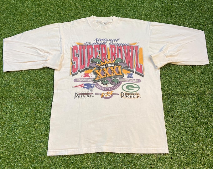 Vintage Super Bowl XXXI Long Sleeve Shirt Size Large L 1997 New Orleans NFL Football New England Patriots Green Bay Packers 1990s 90s