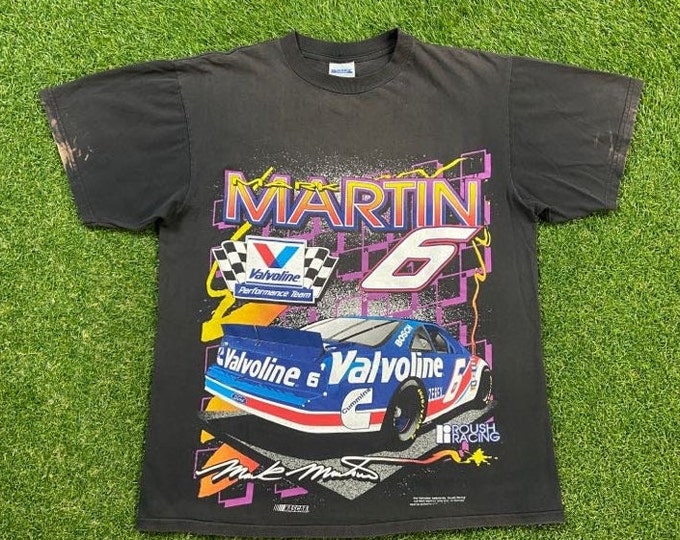 Vintage Mark Martin 6 T Shirt Tee Tultex Size Large L NASCAR Daytona 500 1990s 90s All Over Racing Drivers Seat Classic Car