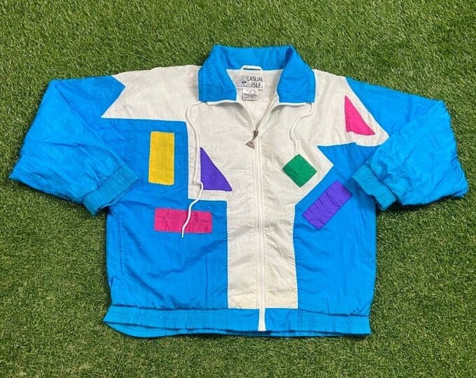 Vintage Graphic Windbreaker Zip Up Jacket Casual lsle Size Medium M Multicolor Streetwear Sport Active Wear Classic Light Rain Coat 1990s