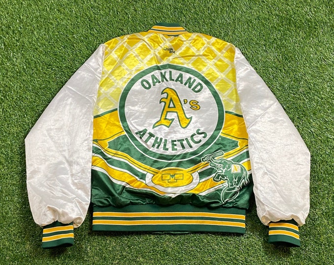 Vintage Oakland Athletics Satin Bomber Jacket Chalk Line Made USA Small S MLB Baseball A's Varsity Letterman Classic 1990s 90s Fanimation