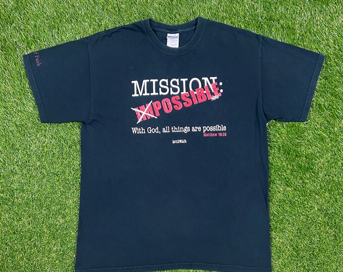 Vintage Mission Possible Movie Parody T Shirt Tee Size Large L Church Sunday Service Salvation Praise Christian God Bible Jesus Saves